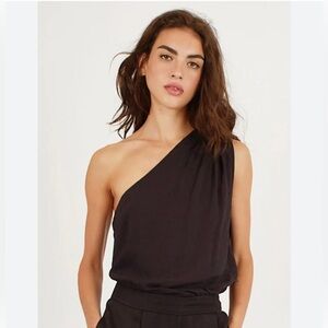 Alice + Olivia Base Off-Shoulder Asymmetrical Silk Blouse Top, Black,Size S, NWT